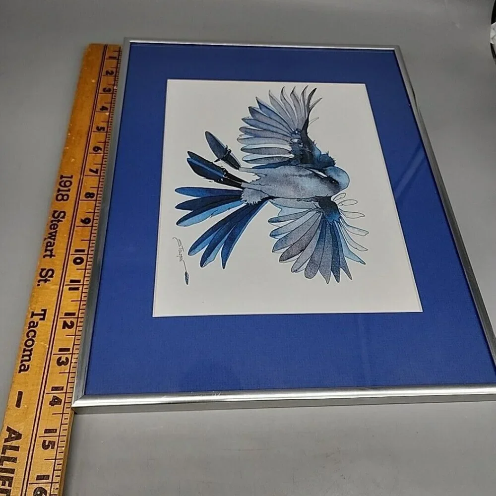 Native Blue Bird Professionally Framed Painting Signed S Towman Art 11.5x14.5